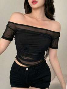 Women's One-Shoulder Sheer Stretch Mesh Blouse, Spring/Summer Off-The-Shoulder Style - 軍綠色 - 查看 6