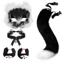 Animal Costume Set For Halloween And Christmas With Fox Tail, Faux Leather Wolf Or Cat Suit, Hoodie, Plush Gloves And Mask - L - 查看 8