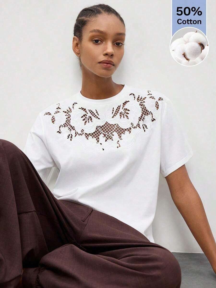 Camiseta de manga corta para mujer Maija, de color sólido, con bordado calado, para verano, primavera, fiestas, vacaciones de verano, vacaciones para mujer, estilo moderno urbano, con diseño calado, para el Día de San Patricio, Pascua, vacaciones de verano, playa, cada salida, graduación, camiseta casual. - Blanco - Ver 1