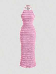 Vestido maxi de encaje plisado amarillo claro para mujer, estilo romántico y sexy de resort, primavera/verano - Rosa - Ver 1