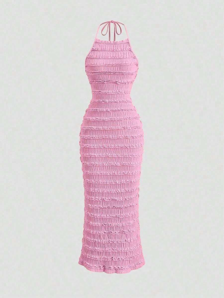 Vestido maxi de encaje plisado amarillo claro para mujer, estilo romántico y sexy de resort, primavera/verano - Rosa - Ver 1