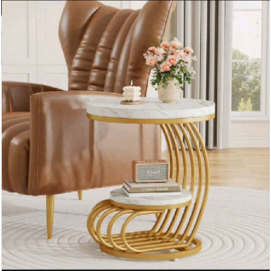 Tavolino rotondo dorato, offerta set di tavoli a 2 livelli, con spazio di archiviazione, comodino moderno in platino, tavolo decorativo in finto marmo per soggiorno - Bianco - Visualizzare 1