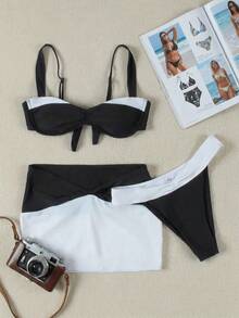 Bộ bikini dây đeo tương phản đen trắng kiểu retro mới, kèm chân váy ngắn cùng màu, 3 món đồ mặc đi biển, phong cách thường ngày. - Đen và trắng - Xem 5