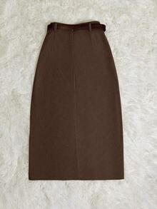 SMUM Women's Corduroy Skirt With Pockets And Slit, With Belt, In Khaki And Leopard Print - 淡黃色 - 查看 2