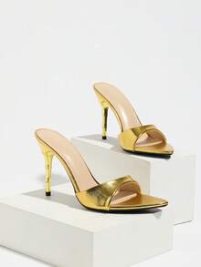 Women's Vintage Elegant Unique One-Strap Mule High Heel Sandals, Featuring Bamboo-Shaped Asymmetric Heel, Metallic Mirror Finish, Reptile Texture, Pointed Toe, Slim High Heel, Suitable For Night Party, Stage, Wedding, Business, Commute, Travel, Shopping, Dating, Christmas, Halloween, Thanksgiving, Easter, Valentine's Day, Mother's Day, Women's Day, Holidays, Weddings - Gold - View 6