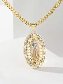 1pc Classic European And American Style Copper Inlaid Zirconia Large Chain Pendant Necklace, Retro Hip-Hop Guadalupe Virgin Mary Amulet, Limited Edition, Suitable For Christmas/Thanksgiving/Halloween/Mother's Day/Valentine's Day Gifts, Catholic First Communion, Daily And Holiday Wear, Prayer - Yellow Gold - View 2