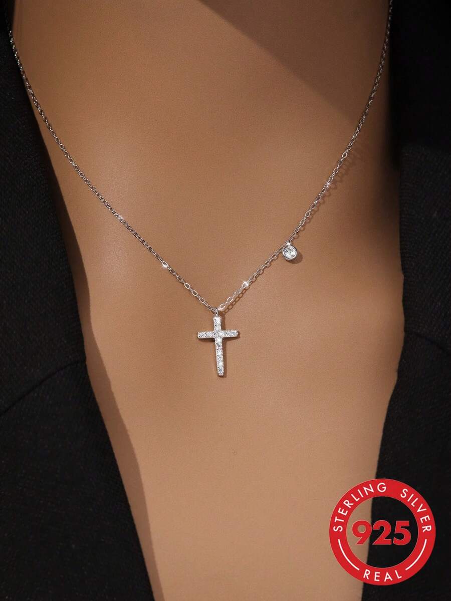 ELSEDES 1 chiếc vòng cổ thánh giá bạc Sterling S925 thời trang tối giản có đá quý, phong cách cổ điển phù hợp cho phụ nữ đeo hàng ngày - Bạc - Xem 1