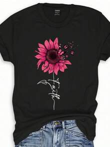 Camiseta informal para mujer con estampado de girasoles y mariposas. - Negro - Ver 7