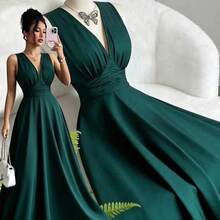Vestido largo elegante de unicolor con cuello en V profundo y cintura fruncida, adecuado para citas y fiestas - Albaricoque - Ver 2