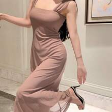 guang zhou mi qian shang mao  Vestido elegante de unicolor con hombros descubiertos y malla hasta la pantorrilla para mujer, vestido de fiesta, vestido de verano, vestido largo - Rosa - Ver 4
