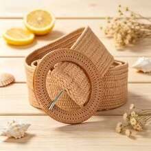 1条女士波西米亚风圆扣弹力草编宽腰带夏季沙滩度假腰带 - 卡其色 - 查看 3