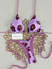 2 bộ đồ bơi nữ, bộ sưu tập 2026, hoa nhí hồng nhạt, áo bikini dây mảnh, quần bơi thắt nơ trước, dây kẻ caro, đồ bơi đi biển mùa hè thanh lịch - Màu Lilac Tím - Xem 3