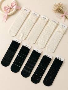 10 Pairs/5 Pairs/Random 1 Pair Women's Mid-Calf Socks, Ruffle Edge Slouch Socks, Japanese School Style Socks - Multicolor - View 17