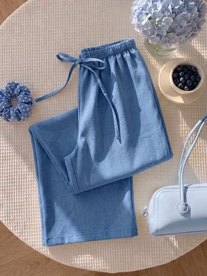 Women's Elastic Waist Drawstring Denim Blue Casual Pants, Fashionable Versatile Lightweight Breathable Loose Fit Flared Leg Trousers For Summer