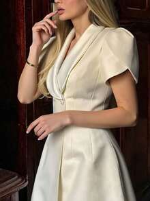 Women's Solid Color Fitted Dress With Decorative Buttons - White - View 4