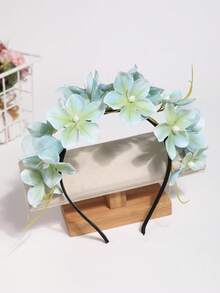 1件浪漫仿真繡球花髮箍，仙女風新娘婚禮攝影髮飾髮帶 - 藍色 - 查看 4
