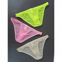 Local Delivery‌ Sheer Mesh Triangle UnderwearSet Of 3 Men'S Solid Color - Apricot + Green + Pink - View 6