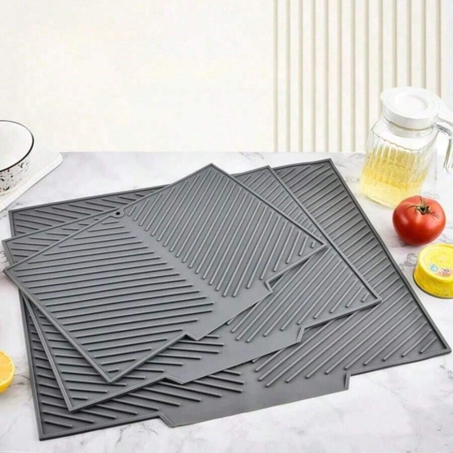 1pc Silicone Drainage Mat, Sloped Bowl And Cup Holder Mat, Bathroom Drainage Filter Mat, Non-Slip Kitchen Table Mat, Placemat/Coaster, Kitchen Supplies, Heat Resistant, Sink Side Non-Slip Kitchen Mat, Home And Kitchen Decor - Dark Grey - View 1