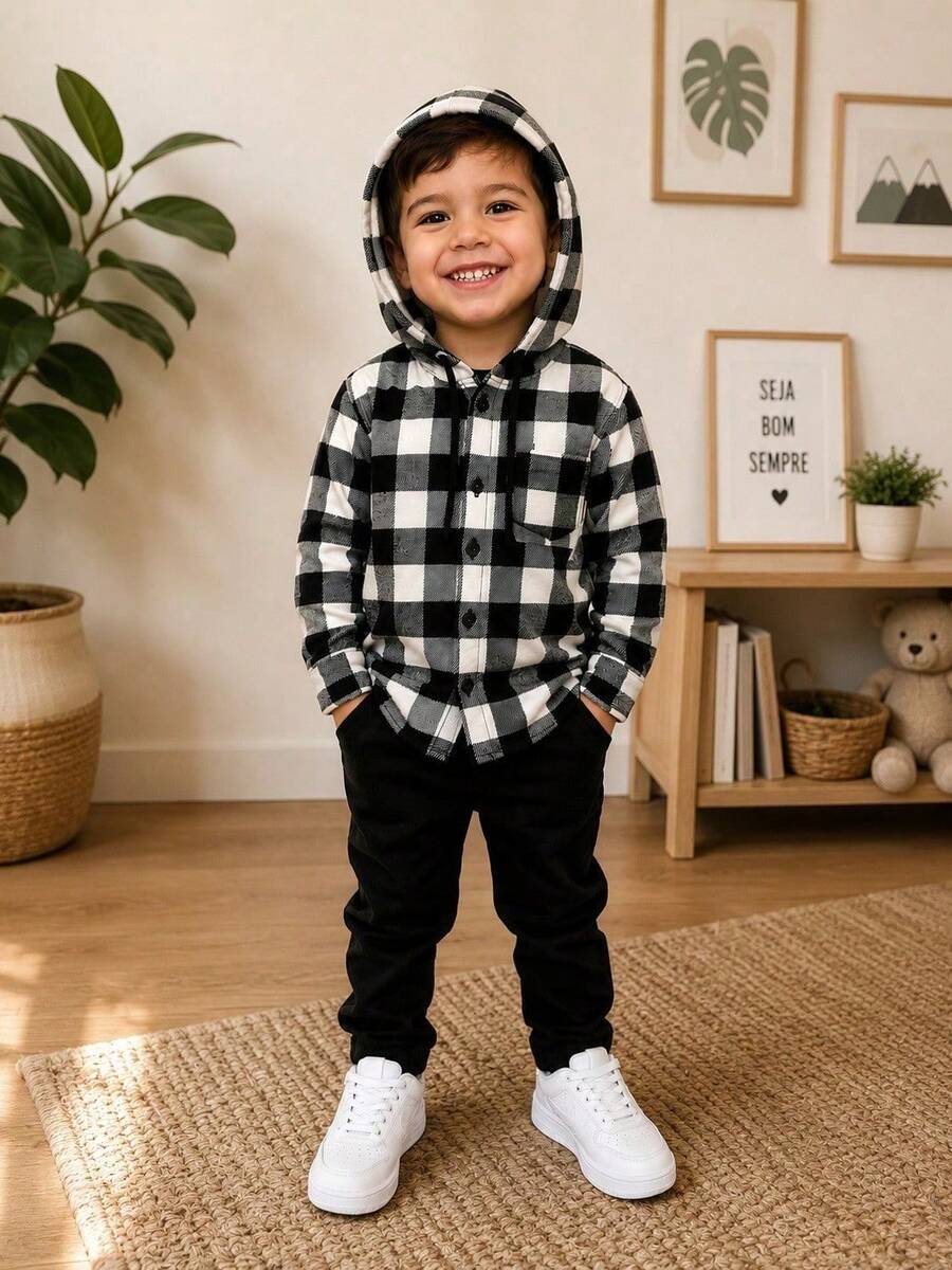 Long-Sleeved Flannel Plaid Shirt - White Checkered Hooded Shirt - View 1