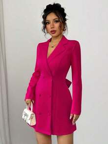 Nuevo vestido mini de fiesta y cóctel para mujer con diseño de blazer de cuello doble botonadura, escote en V profundo, gran lazo, manga larga y ajustado.Elegante, juvenil y versátil. - Rosa Fucsia - Ver 6