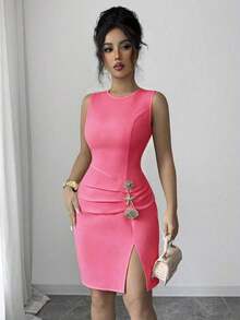 Vestido corto sin mangas de mujer de unicolor, elegante, con cuello redondo, plisado, con abertura en el bajo, con botones de metal con forma de sol, estrella de mar y concha, adecuado para fiestas, citas, trabajo, uso diario, temporada de verano, graduación, vuelta al cole, Día del Maestro - Rosa Fucsia - Ver 3