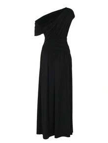 Vestido largo plisado de unicolor con cuello oblicuo para mujer, ajustado y estilizador, elegante y sexy vestido de fiesta de verano - Marrón - Ver 7