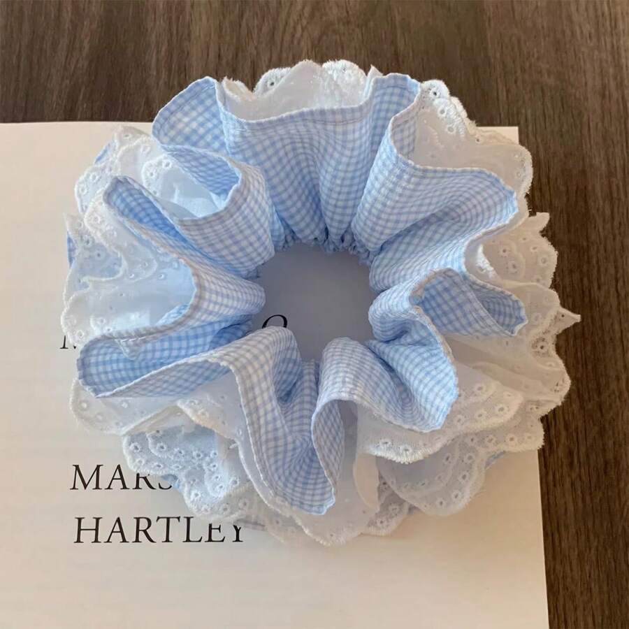 Accesorio para el cabello tipo scrunchie grande elegante y suave de múltiples capas con encaje y volantes en estampado a cuadros azul para mujer, adecuado para uso diario, hogar, escuela, playa, oficina, fiesta, vacaciones, cumpleaños, regreso a clases, estilo universitario, Año Nuevo, Día de San Valentín, Día de la Madre, boda, festival de música, primavera/verano/otoño/invierno, ligas elásticas para coleta - Multicolor - Ver 1