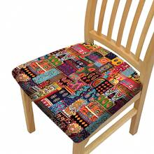 Conjunto de 2/4/6 capas de almofada elásticas com estampa boêmia, ideais para decoração de casa, sala de estar, sala de jantar, jardim, hotel e festas. Feitas em poliéster lavável, são perfeitas para proteger o assento da cadeira. - Multicolorido - Ver 1