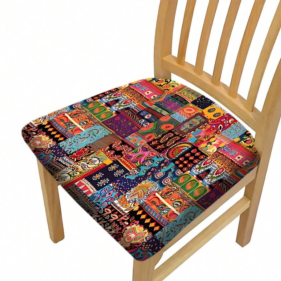 Conjunto de 2/4/6 capas de almofada elásticas com estampa boêmia, ideais para decoração de casa, sala de estar, sala de jantar, jardim, hotel e festas. Feitas em poliéster lavável, são perfeitas para proteger o assento da cadeira. - Multicolorido - Ver 1