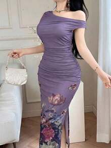 xheFeyla Vestido elegante largo y ajustado con estampado floral y pliegues para mujerxhe - Morado - Ver 5
