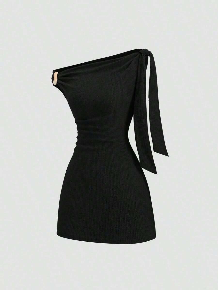 Vestido asimétrico minimalista casual de unicolor para mujer - Negro - Ver 1