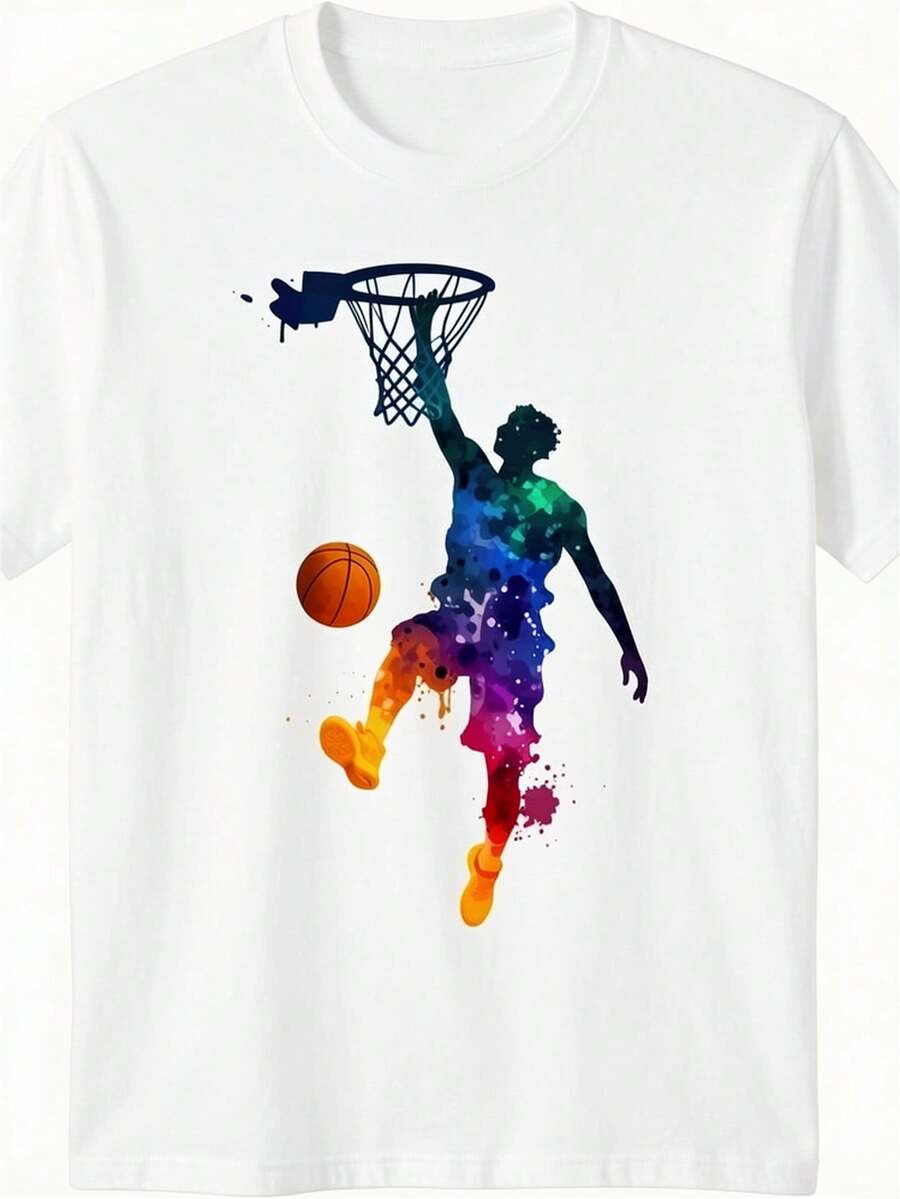 Camiseta de Baloncesto Vintage Unisex - 220 g/m² de Algodón Puro, Manga Corta, Cuello Redondo, con Estampado de Baloncesto y Cancha - Adecuada para Entrenamiento, Competición y Uso Diario - Ropa Deportiva Casual Unisex para Todas las Temporadas - Negro - Ver 1