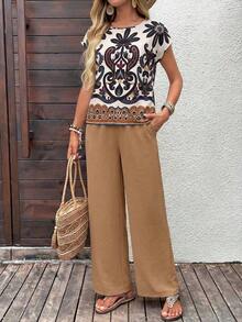 Conjunto de 2 piezas de top y pantalones con estampado vintage casual para vacaciones de mujer, conjunto de atuendo de vacaciones, conjunto de atuendos casuales de mujer, conjunto de atuendos de verano de mujer, conjunto bohemio para mujer, coords para mujer, pantalones y top, atuendo casual de playa para mujer, top conservador - Multicolor 5 - Ver 3
