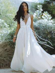 Vestido liso espalda descubierta con lazos cinturón falda amplia ideal para vacaciones - Blanco - Ver 1