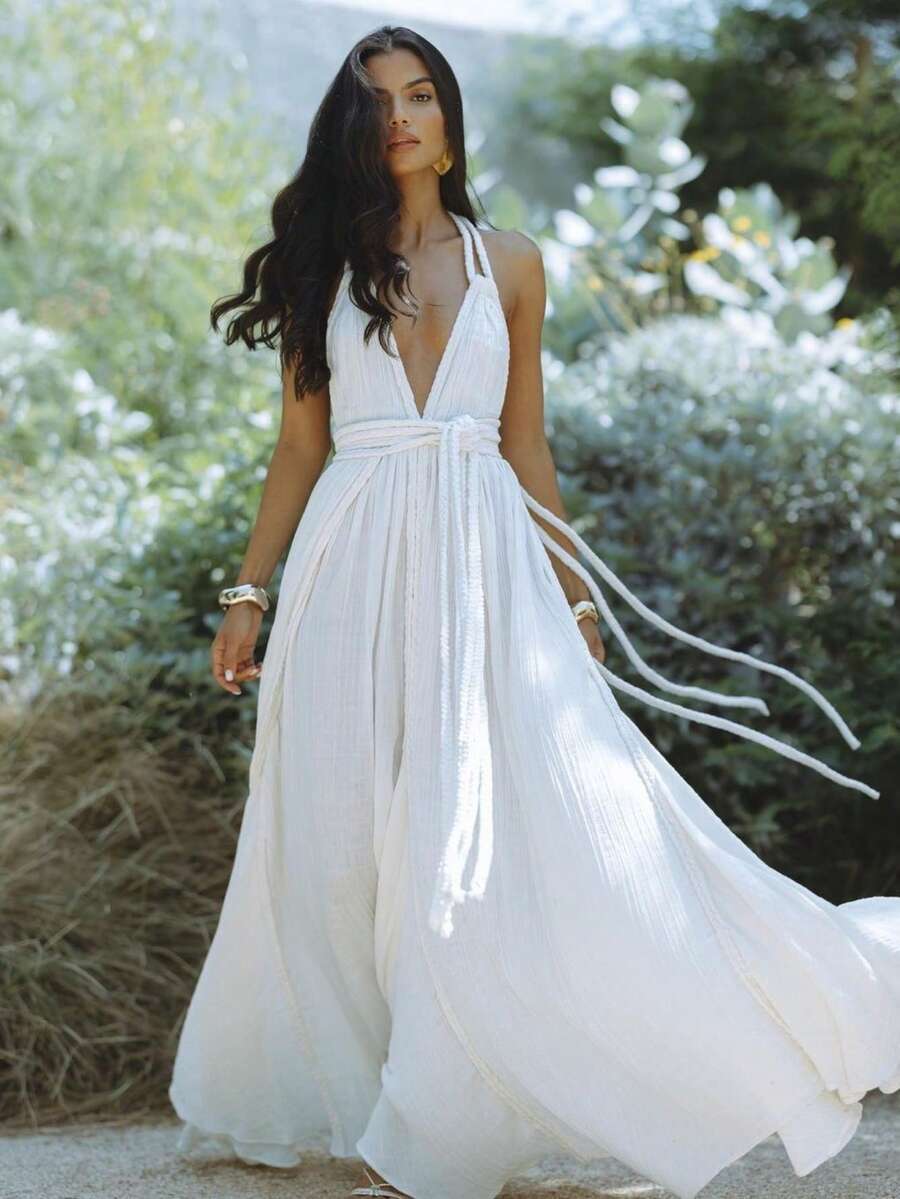 Vestido liso espalda descubierta con lazos cinturón falda amplia ideal para vacaciones - Blanco - Ver 1