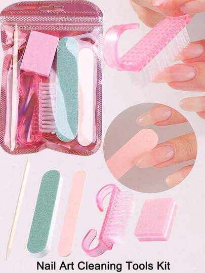 5pcs Basic Manicure Set (Disposable) - Small Nail File, Softening Block, Soft Brush, Orange Wood Stick, Individually Packaged Manicure Set, Foot Care Tool, Salon Supplies