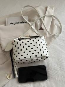 1 Piece Small Polka Dot Print Box Bag, Adjustable PU Zipper Crossbody Bag, Heart-Shaped Tassel Decoration, Fashionable Handbag For Daily Use, Date - 米色 - 查看 4
