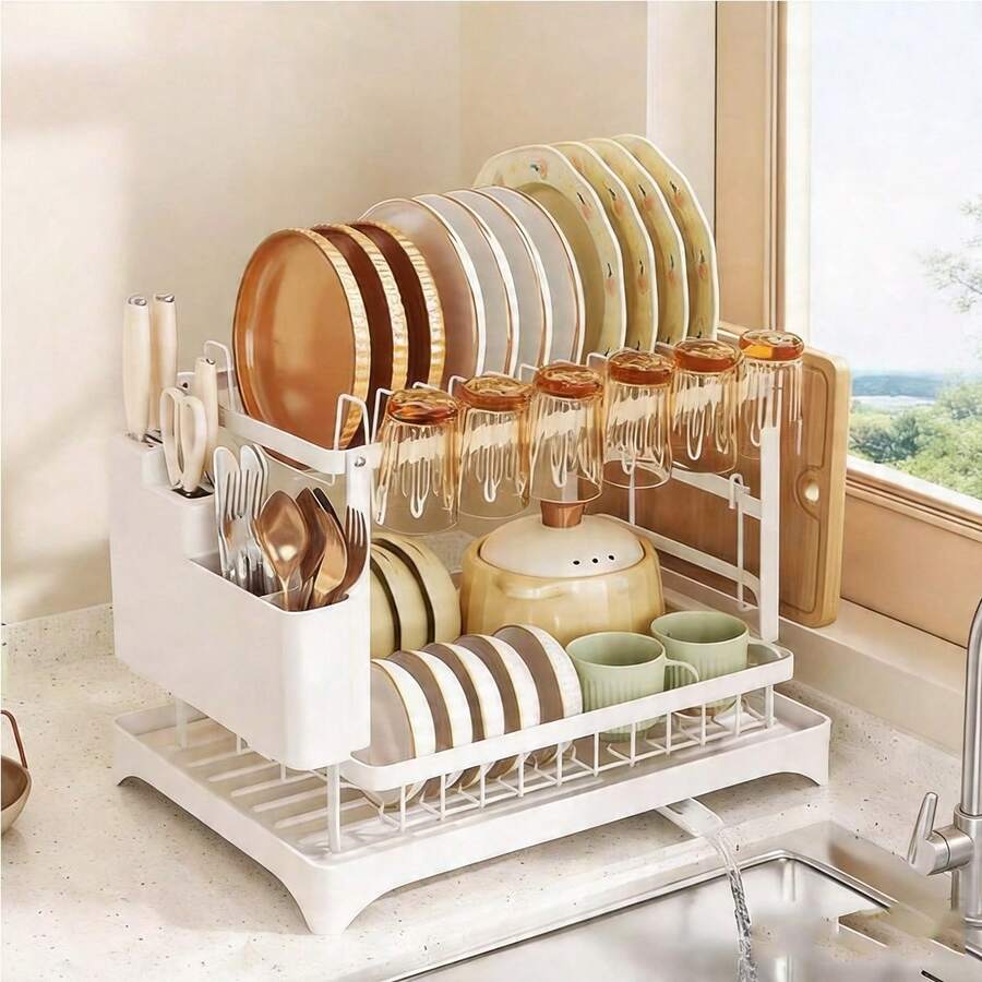 2-Tier Kitchen Dish Rack, Quick Drainage, With Knife & Fork Holder, Cutting Board Rack, Keeps Countertop Dry - Multifunctional Dish Drying Rack Saves Space, Holds Bowls & Plates | Stylish Metal Rack | Durable Kitchen Organizer Rack - Multicolor - View 1
