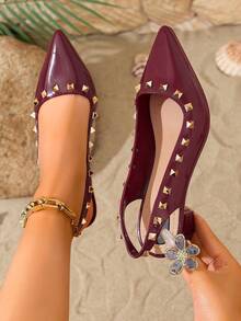 Women's Rivet Decor Pointed Toe Backless Chunky Heel Low Heel Mules, Elegant Versatile For Workplace, Commute, Daily Casual Wear. Comfortable Soft Sole, Suitable For Dates, Holidays, Weddings, Vacations, Commuting And More Occasions - Burgundy - View 2