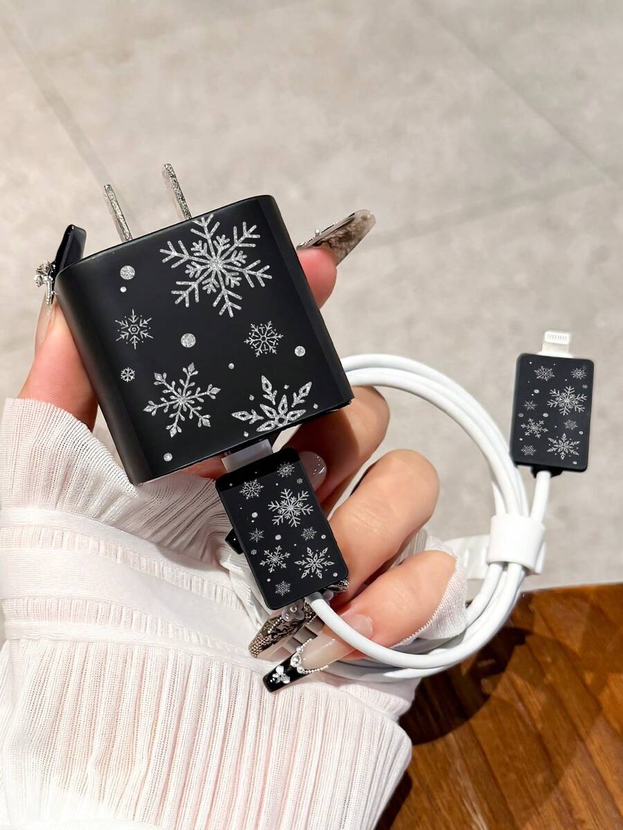 Funda protectora con diseño de copo de nieve para cabezal de carga, almacenamiento de cable de datos, compatible con cargador de 20W para iPhone 15 Pro Max, 17 Pro Max, 16 Pro Max, 11, 12, 13, 14 Pro Max, de moda - Negro - Ver 1