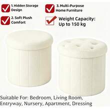 Plush Storage Ottoman Stool With Hidden Storage – Foldable Round Footstool Seat For Bedroom, Living Room & Entryway – Soft Teddy Fabric Storage Bench (2 Sizes) - White - View 9