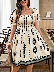 EMERY Vestido con cuello cuadrado, mangas abullonadas, decorado con botones y volantes en el bajo, en colores marrón y rojo con estampado de rosas, para vacaciones, en talla - Multicolor 5 - Ver 11