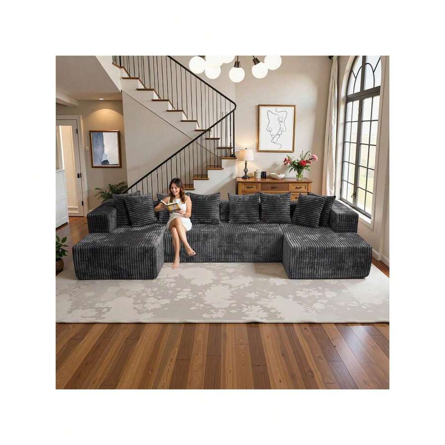 132'' U-Shape Modular Cloud Corduroy Sofa - Modern And Suitable For Living Room, Comfortable,Living Room Combination Sofa,No Assembly Needed,Popular Boneless Sectional Couch Loveseat Couch Vacuum-Sealed Compression Sofa - 深灰色 - 查看 1
