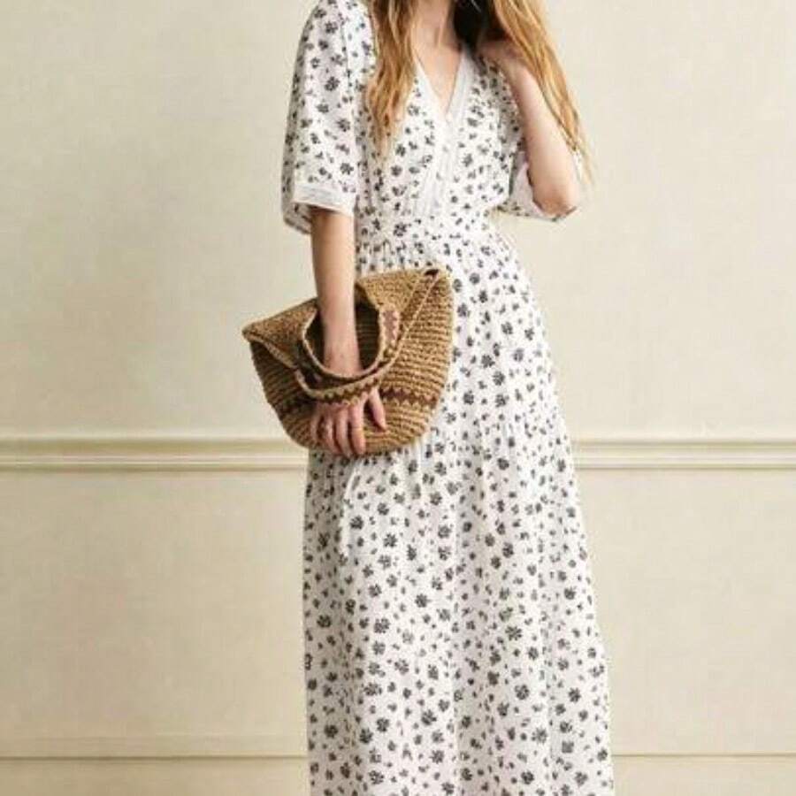 guang zhou mi qian shang mao Vestido de encaje con estampado floral diminuto elegante, adecuado para vacaciones y uso diario, primavera/verano - Blanco - Ver 1