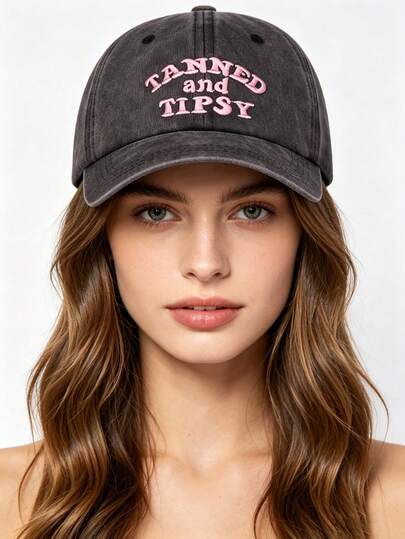 1pc Women's "TANNED AND TIPSY" Embroidered Soft Top Baseball Cap, Adjustable Brim, Breathable Outdoor Sun Hat, Suitable For Outdoor Sports, Camping, Travel, Holiday Gift