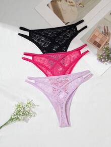 3pcs/Set Solid Color Sexy Lace Mesh Women's Panties, Hollow Low-Waist Design, Semi-Sheer Floral Thong Underwear Set - Multicolor - View 2