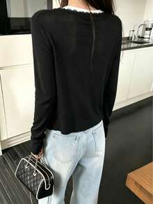 Women's Spring/Summer Lace Patchwork Floral Trim Soft Knit Cardigan Lightweight Jacket Black, Effortless Style - Black - View 6