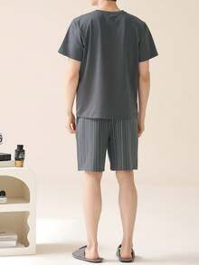 2pcs Men's Summer Short Sleeve & Shorts Pajama Set, Breathable Moisture-Wicking Sleepwear, Round Neck Embroidered Tee & Striped Shorts, Lightweight Loungewear - Grey - View 2