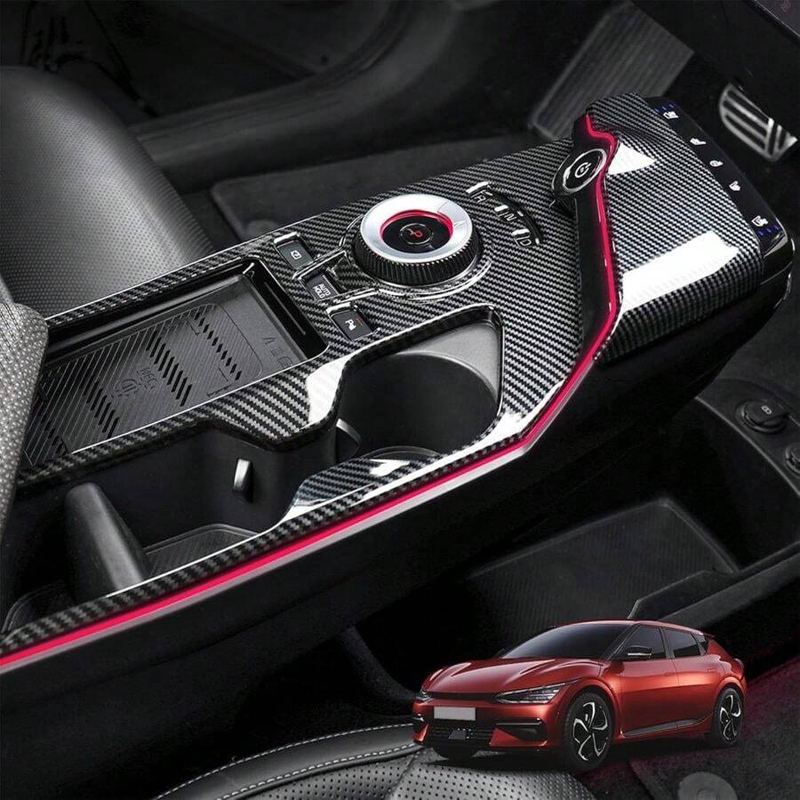 Center Console Gear Shift Panel Frame Cover Trim, Car Gear Shift Knob Console, Panel Trims, Cup Holder Frame Cover, Compatible With Kia EV6 2022-2024 Accessories (Carbon Fiber Pattern) - Carbon Fiber Pattern - View 1