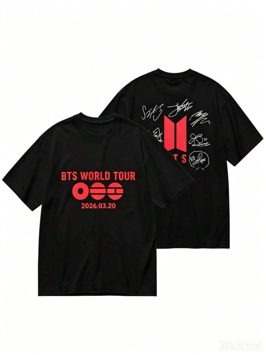 Cute Unisex Premium Casual T-Shirts, Retro World Tour 2026 Merchandise Gifts, Bangtan Come Back T-Shirt For ARMY, Double-Sided T-Shirt For ARMY, Stylish Women's T-Shirt For Parties, Ideal For Travel, Home Wear, Parties, And Casual Adult Wear, Stylish And Fashionable Clothing | Fun Design T-Shirt | Non-See-Through Material - màu đen - Xem 1